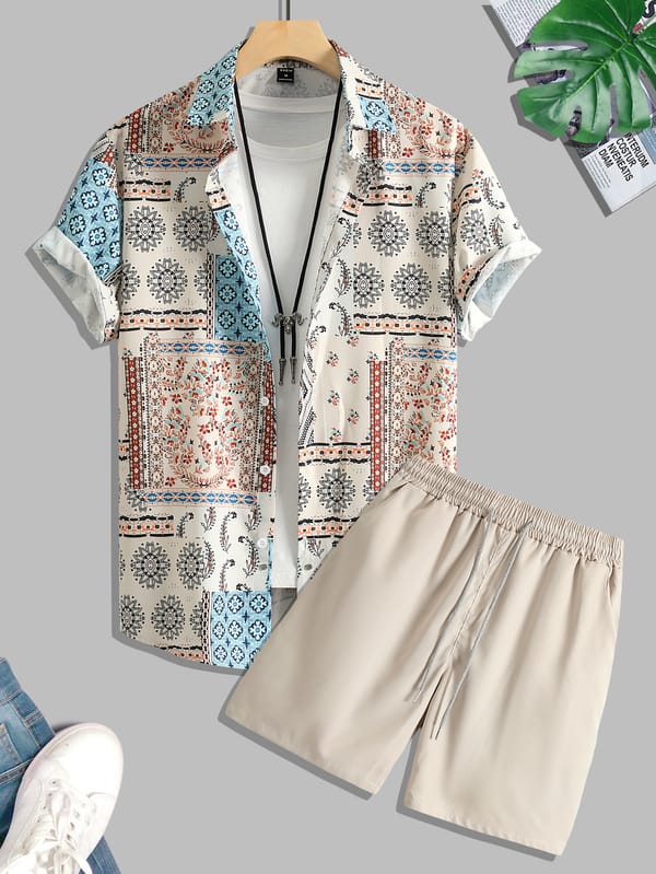 Men's Shirt Sets Short Sleeve Ethnic Style Printed Shirts Folk Pattern Floral Shirts and Elastic Waist Shorts Men Two Piece Set