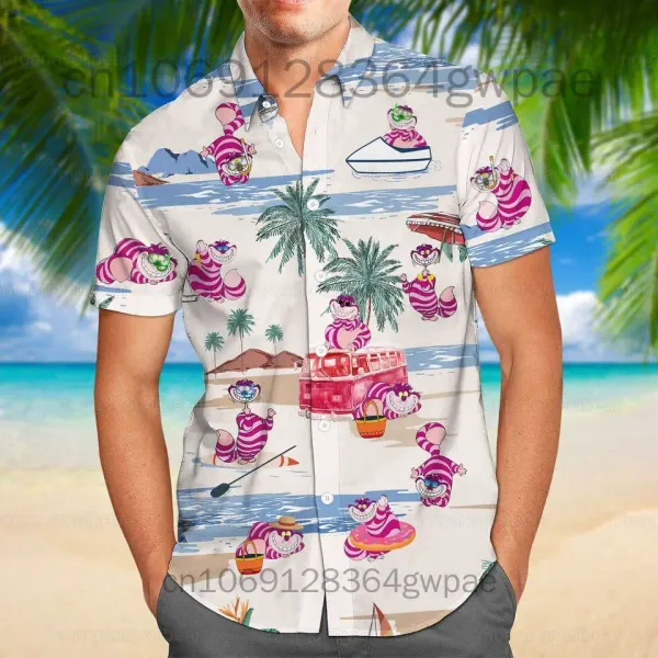 Disney Cheshire Cat Hawaiian Shirt Men's Women's Summer Casual Short Sleeve Button Down Shirt Beach Vacation Shirt Tees