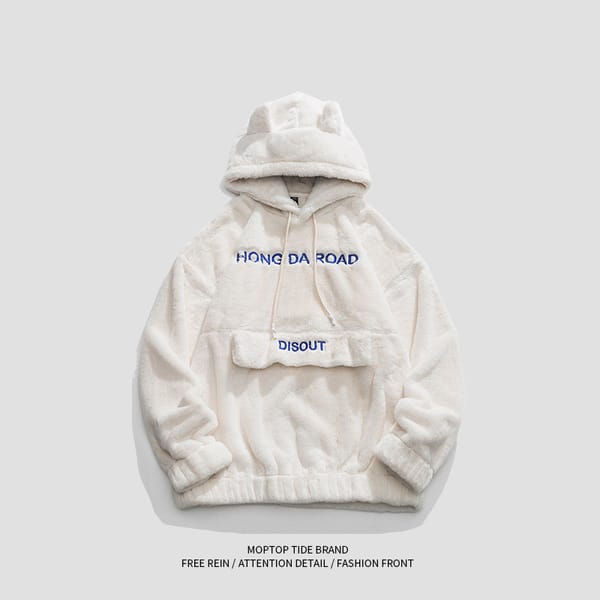Men's Japanese Casual Lamb Velvet Hooded Sweatshirt Jacket Autumn Winter Letter Embroidery Couple Warm Loose Casual Pullover Top