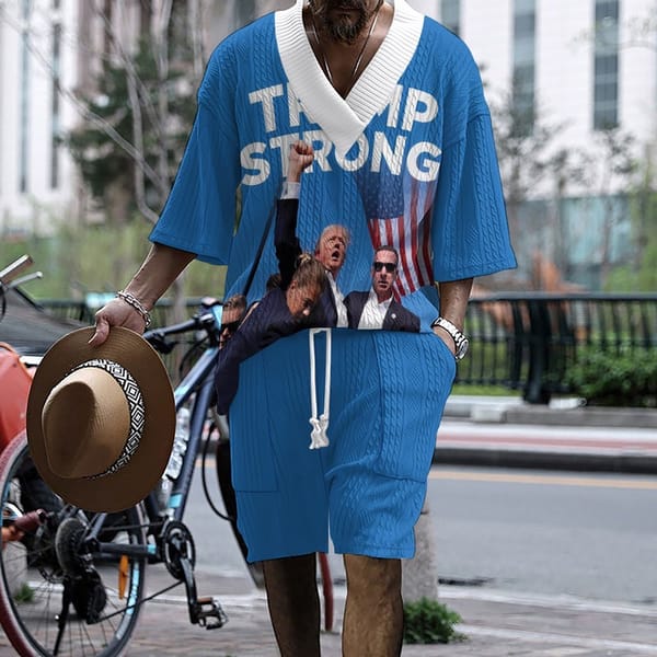 2024 new summer 3D print loose size Casual style Plus size V-neck knit men's suit men's T-shirt shorts two-piece set
