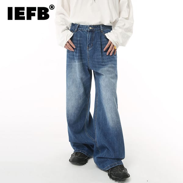 IEFB Baggy Jeans Trend Men's Korean Style Loose Wide Leg Denim Trousers Fashion Vintage Mid High Waisted Casual Pants 9C1226
