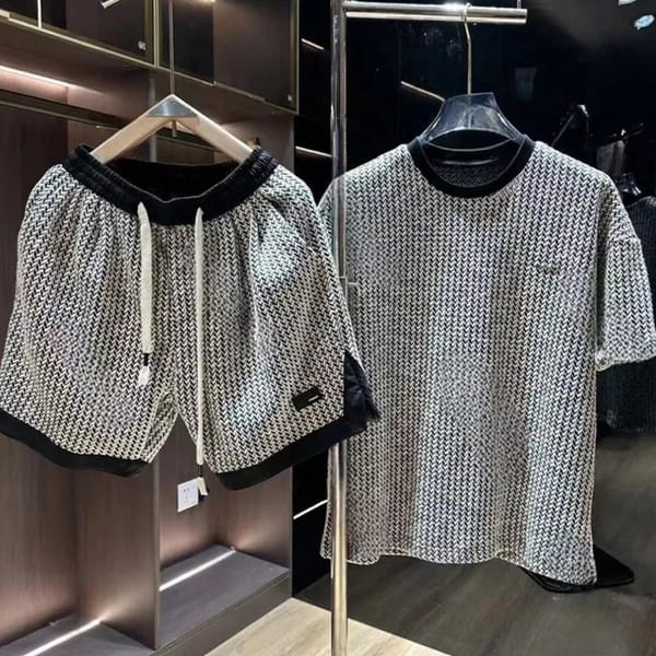 Mens Houndstooth T-Shirt Shorts Two-Piece Suit Breathable Casual Trendy Comfortable Soft Suit Men'S Clothing，Printed, not knit
