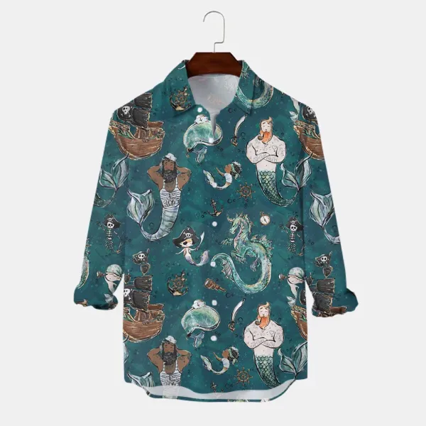 Retro Mermaid Printed Men's Shirts Men Trend Long Sleeved Shirt Autumn Street Long Sleeved Tops 2023 Loose Button Men's Clothing