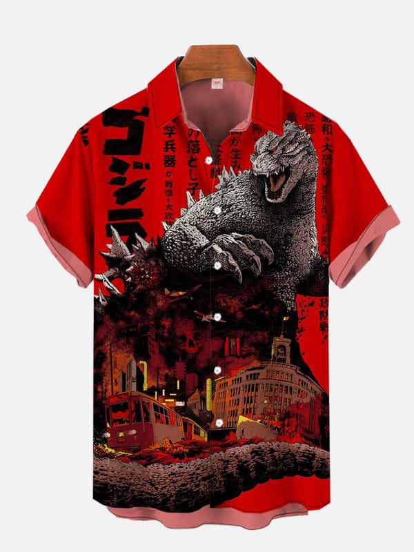 Ancient ink ukiyo-e monster personalized printing short sleeved shirt for men's summer new lapel shirt street hip-hop shirt