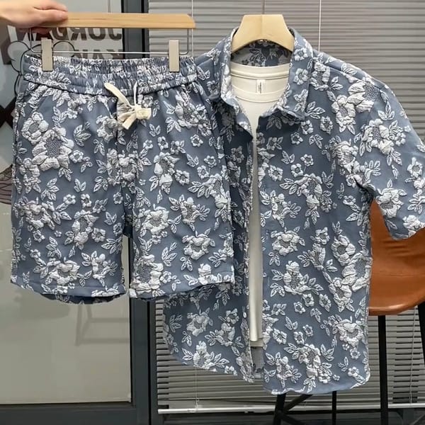 Mens Embossed Casual Short-Sleeved Shirt Shorts Two-Piece Suit Daily Versatile Breathable Hawaiian Suit Men'S Clothing Spring
