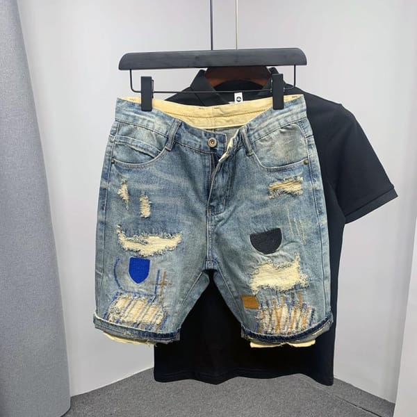 New Kpop Embroidery Distressed Streetwear Korean Cowboy Short Pants 2024 Summer Fashion Casual Men's Knee Length Denim Shorts