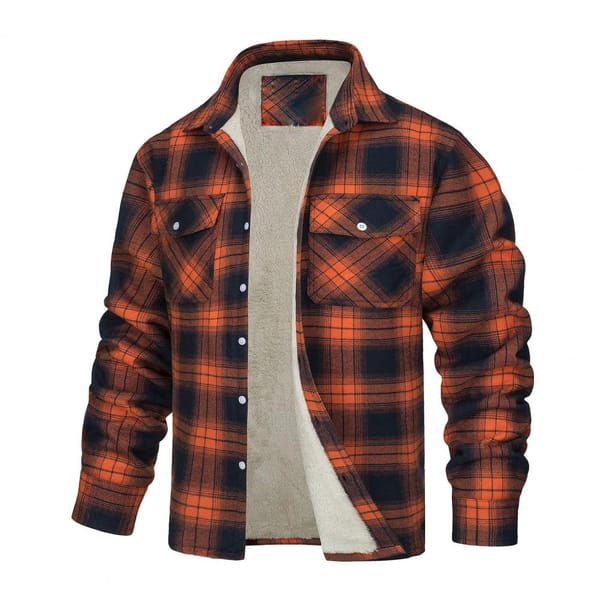 Men's Fleece Plaid Flannel Shirt Jacket Button Up Casual Cotton Jacket Thicken Warm Spring Work Coat Sherpa Outerwear Men Coat