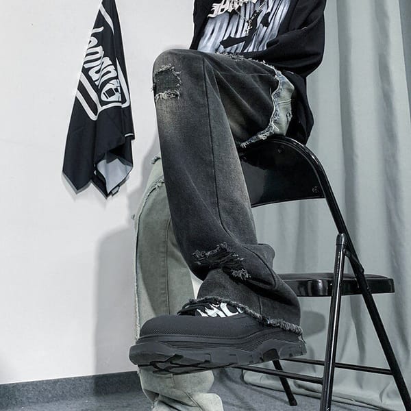 American-style high street ins ripped stitching micro-launched jeans men's straight-leg loose American-style denim trousers