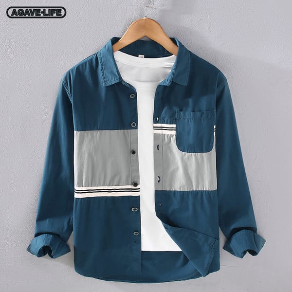 Cotton Shirts Men's Long Sleeve Spring Autumn Casual Fashion Splicing Thin Long Sleeve Shirt Comfortable Street Lapel Shirt Coat