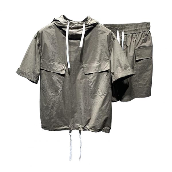 Cargo Shorts Short-sleeved Top Set Men Casual Two-piece Set Men's Casual Hooded Drawstring Top Wide Leg Shorts Set for Summer