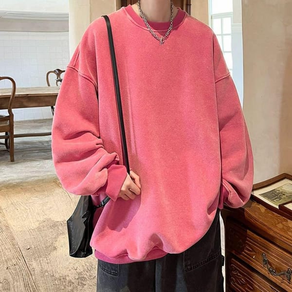 Men Streetwear Top Vintage Loose Solid Color Warm Pullover Stylish Men's Streetwear for Fall Winter with Mid-length O-neck
