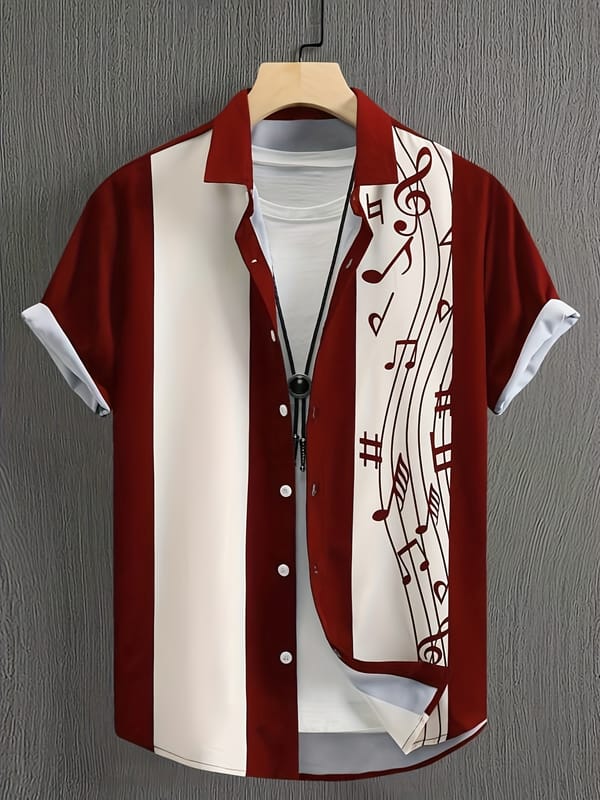 Music Notes Print Men's Fashion Colorblock Short Sleeve Button Down Shirt, Summer Vacation Top