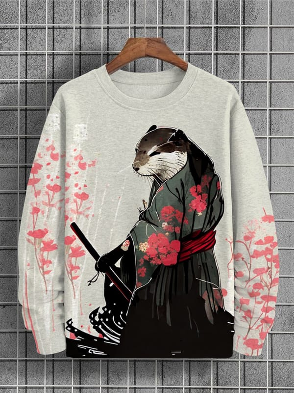 2024 Men's Long Sleeve Tops Samurai Otter Art Print Soft Casual Round Neck Couple Sweatshirt