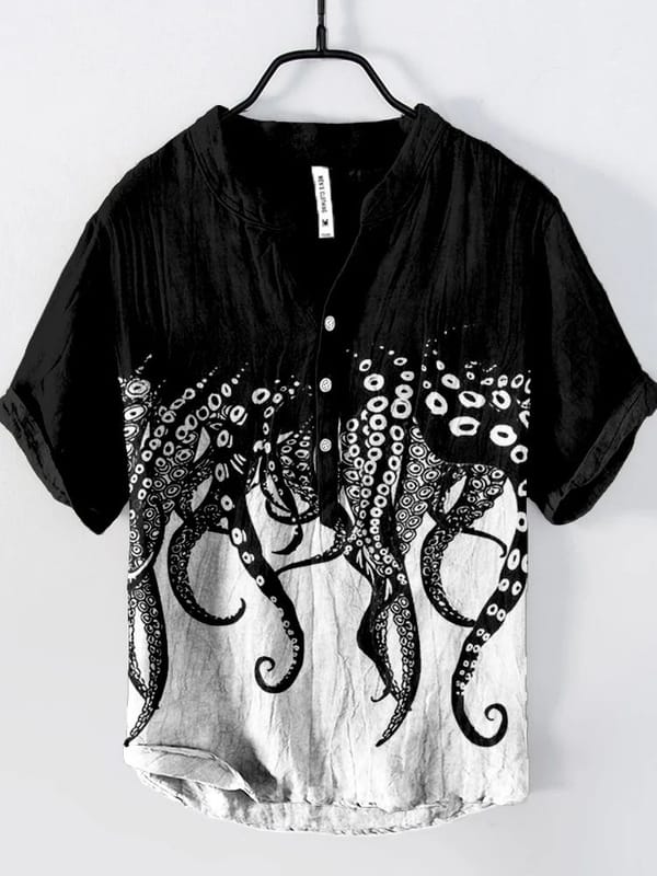 Cross border men's street hip-hop men's high-end linen short sleeved printed shirt men's summer thin vintage V-neck