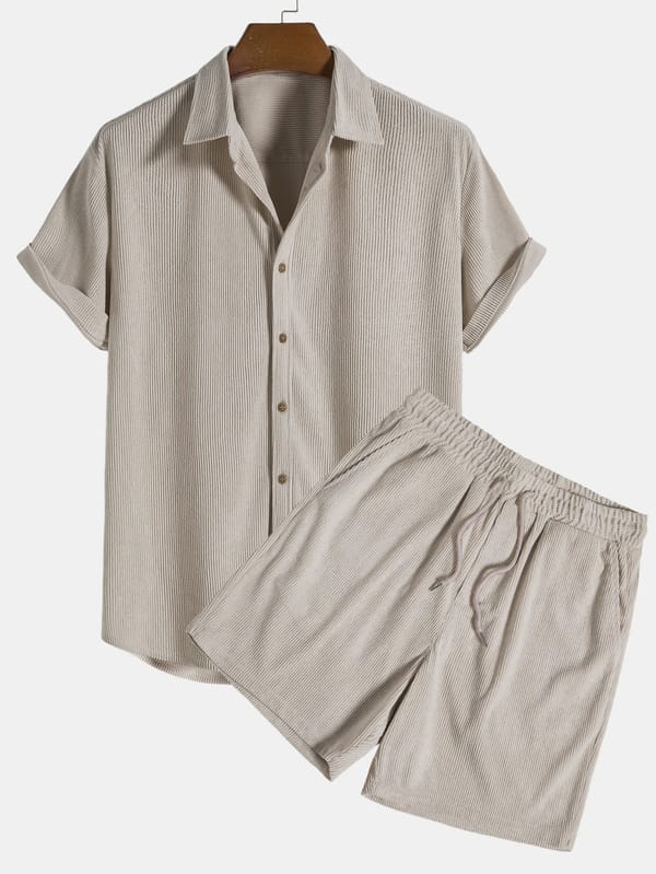 New Men's Short Sets 2 Piece Outfits Short Sleeved Corduroy Button Up Shirt and Shorts Fashion Summer Tracksuits Casual Set