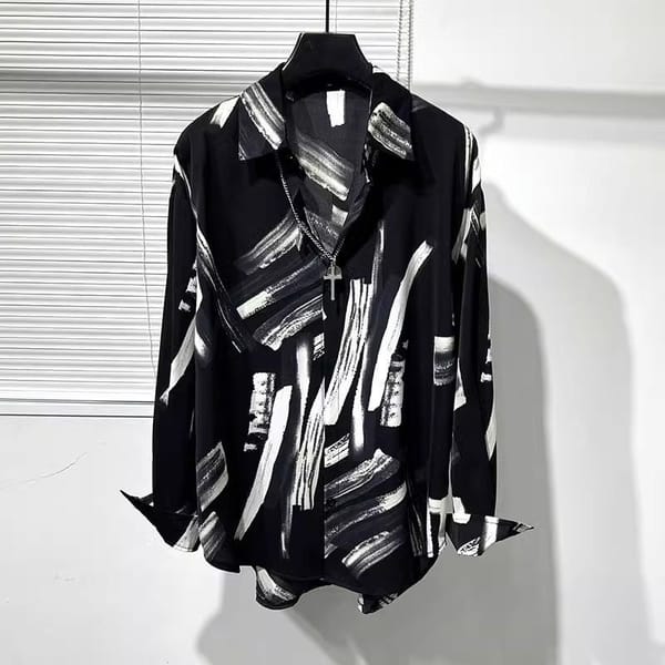 Summer Thin Original Personality Irregular Print Loose Free Ironing Handsome Shirt Men's Fashion Trend Hanging Silky Drape Shirt
