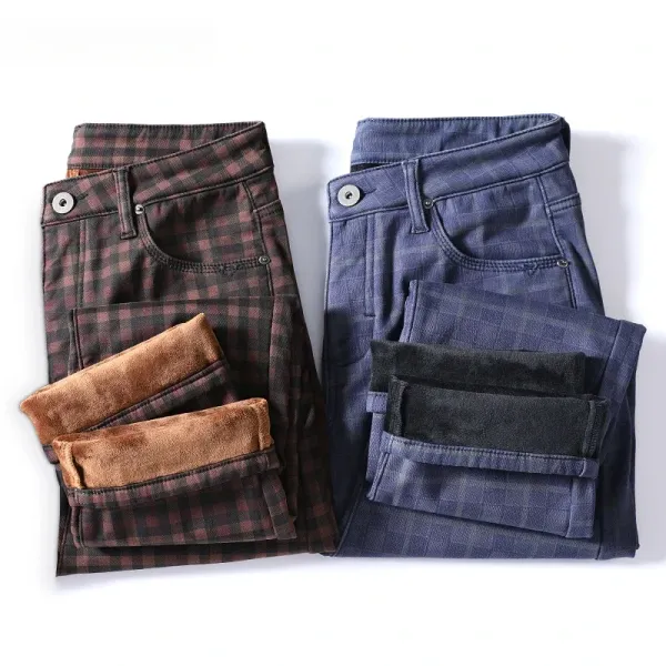 Winter Men's Warm Fleece Casual Trousers Classic Plaid Solid Color High Quality 98%Cotton Korean Style Suit Pants Male Plus Size