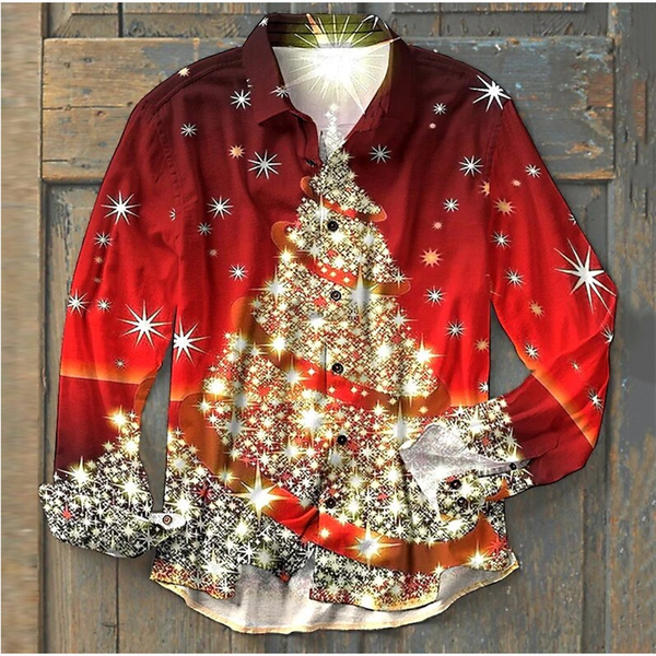 3D Printed Christmas Tree Button Lapel Long Sleeve Shirt Christmas Party Festival Clothing Fashion Design Casual Soft Men Shirt