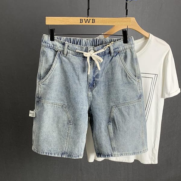 Men's Summer Denim Jean Shorts Casual Knee Length Loose Drawstring Wash Workwear Retro Blue Designer Short Pants Boyfriend Jeans