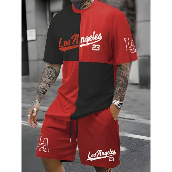 Summer Street Men's Short-sleeved Shorts Two Sets Square Printed Casual Short-sleeved Men's Large Size Loose Suit Short-sleeved