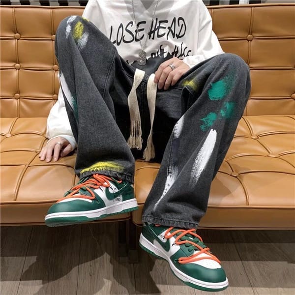 Spring and autumn blue / Black graffiti jeans men's fashion drawstring wide leg jeans men's street clothes loose hip hop straigh