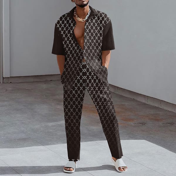 Men's Shirt Suits 3D Printing Striped Lattice Fashion Men Loose Breathable Men Lapel Short Sleeve Shirt Long Pants Two Piece Set
