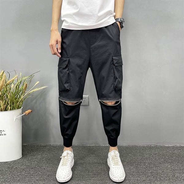 Spring Autumn Fashion Pure Cotton Solid Men's Clothing Elastic Waist Slim Pocket Korean Hole Thin Style Bound Feet Casual Pants
