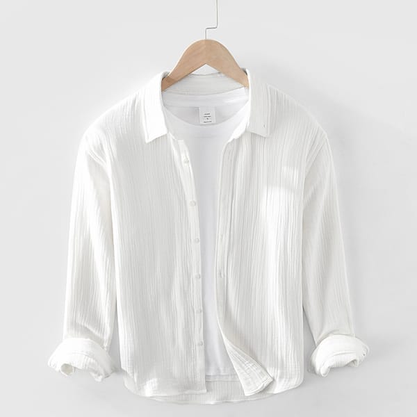 2023 Men's Thick Double-Layer Cotton Yarn Shirt Youth Loose Crumpled Square Collar Long Sleeve Pure Cotton Shirt