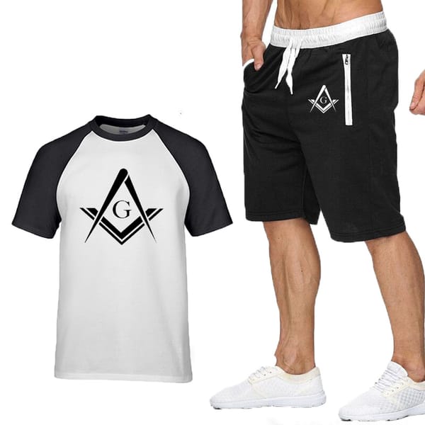 New Summer Men’s T-Shirts Mason Freemasonry Printed Raglan Short Sleeve High Quality Cotton Men's T-shirt+Shorts Suit 2pcs