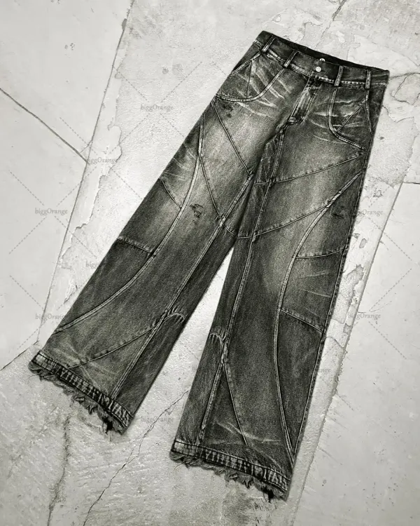 Gothic Style Street Trendwear Vintage 90's Destroyed Black Wash Jeans Mens Draggy Loose Wide Leg Autumn Men's