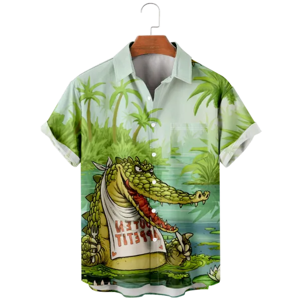 Cartoon Crocodile Pattern Men's Short Sleeve Button Down Lapel Shirt For Summer Resort Holiday, Hawaiian Style