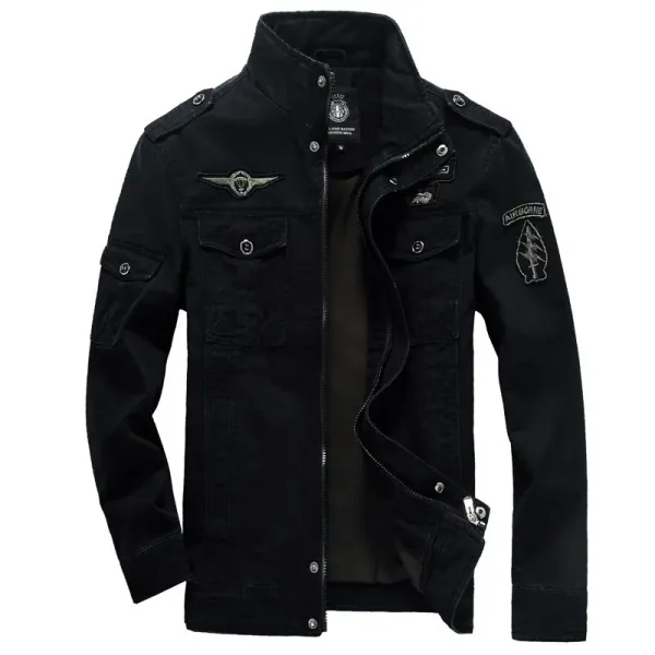 MaiDangDi Male Casual Jacket with Multiple Pockets Embroidered Print Zipper Solid Cotton Washed Work Clothes Men's Coat
