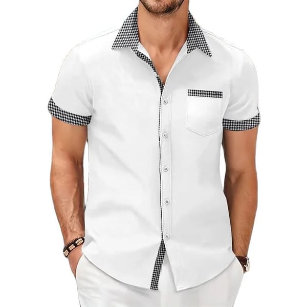 Men's Bird Check Patterned Decoration Shirt Lapel Single-breasted Cardigan Single Pocket Splicing Blouse Summer Casual Male Tops