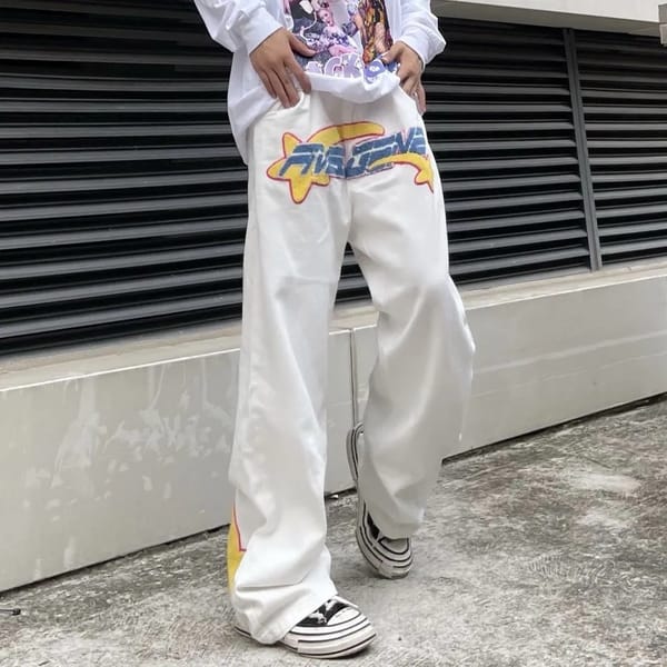 Men's Jeans Y2K Retro Embroidered Denim Trousers High Street Wide Leg Pants Street Loose Casual Jeans Letter Patch Pants Men