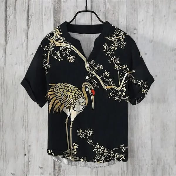 Fun print cross-border men's summer new short sleeved V-neck top with 3 button casual artistic shirt in large size