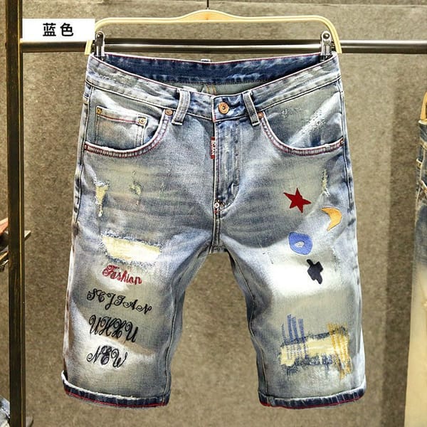 Summer High Quality Denim Short Jeans Men's Knee Length Casual Straight Embroidered Washed Distressed Ripped Hole Denim Shorts