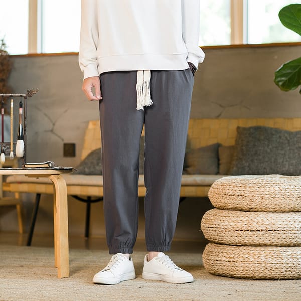 Autumn Cotton Linen Cropped Pants Chinese Style Retro Loose Fashion Streetwear Men's Trousers Large Belt Casual Harem Pants