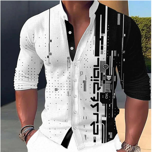 2024 Men_s Shirt Pattern Printing Geometric Stand Collar White Outdoor Street Long Sleeve Clothing Fashion Streetwear Designer