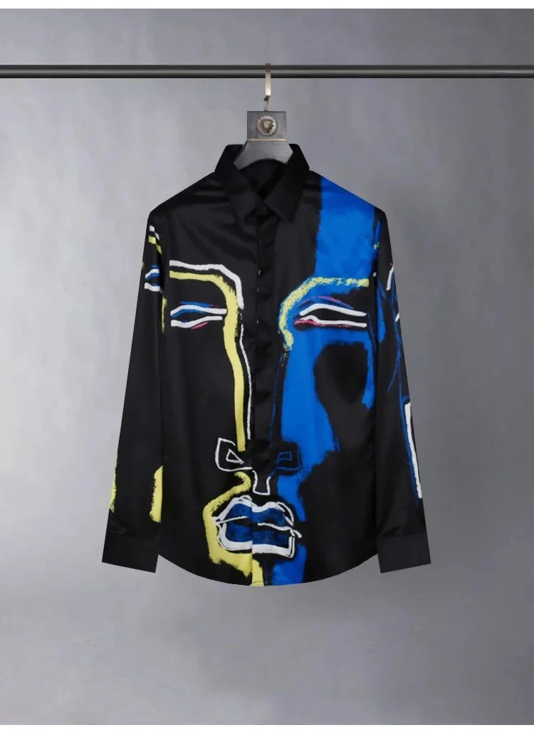 Luxury graffiti men's casual business shirt, silk long-sleeved shirt, senior banquet social evening dress