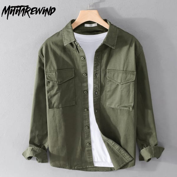 100% Cotton Long Sleeve Shirt Men Japanese Workwear Tops Loose Casual Youth Green Shirt Spring Fashion Versatile Men's Shirts