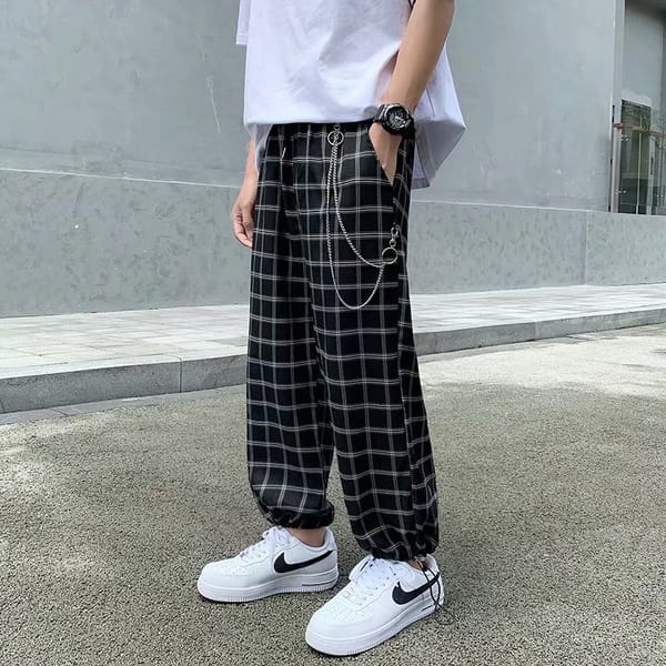 Men's Classic Plaid Chain Pants Wide Leg Pants Harem Pants Street Hip Hop Loose Casual Fashion Pants men hip hop clothes