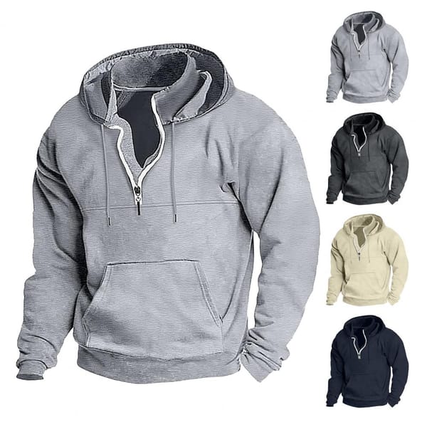 Hooded Sweatshirt Retro Solid Color Men's Hoodie with Zipper Decor Drawstring Soft Warm Long Sleeve Pullover with Big Patch