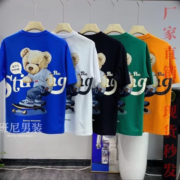 100% Cotton Men's Large T-Shirt Harajuku Cartoon Graphic Funny Bear T Shirts Men Clothing Short Sleeve Blouse Streetwear Top New