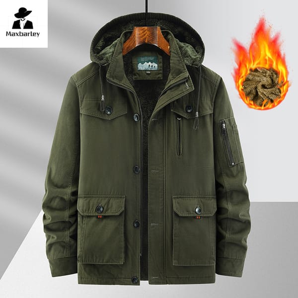 Winter Parka Men's Fashion Plus-size Fleece Thickened Warm Work Jacket Outdoor Hunting Winterproof Multi-pocket Hooded Coat