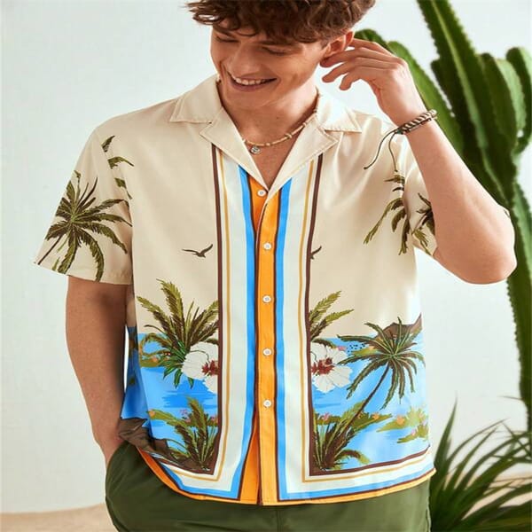 2024 Hot Sale Men's Lapel Short Sleeve Hawaiian Shirt Fashion Trend Floral Print Casual Cardigan Summer Lace Holiday Shirt