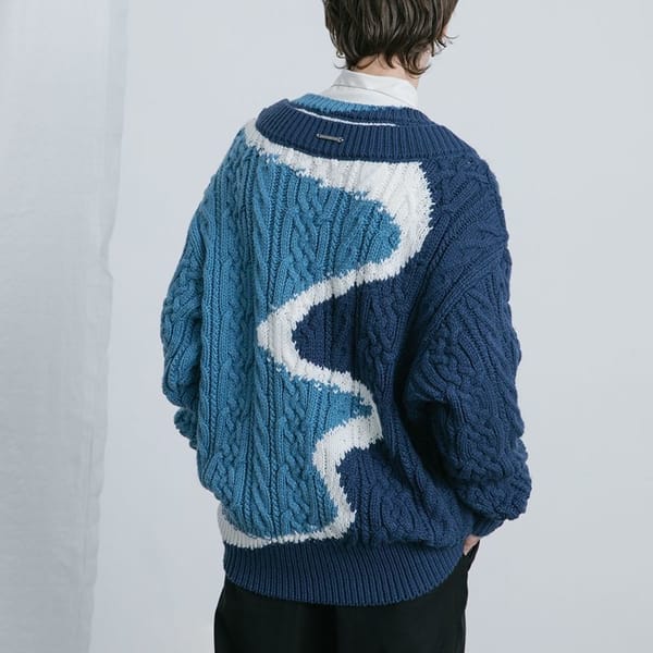 Korean style men's sweater ins sweater personalized stitching blue oil painting contrast sweater round neck long-sleeved top