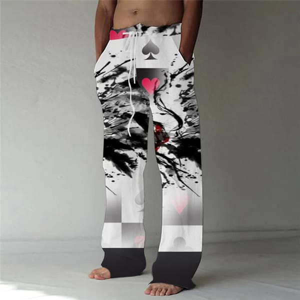 Men's fashion straight leg pants 3D printed with drawstring design at the waist, front pocket pants, casual poker creative print