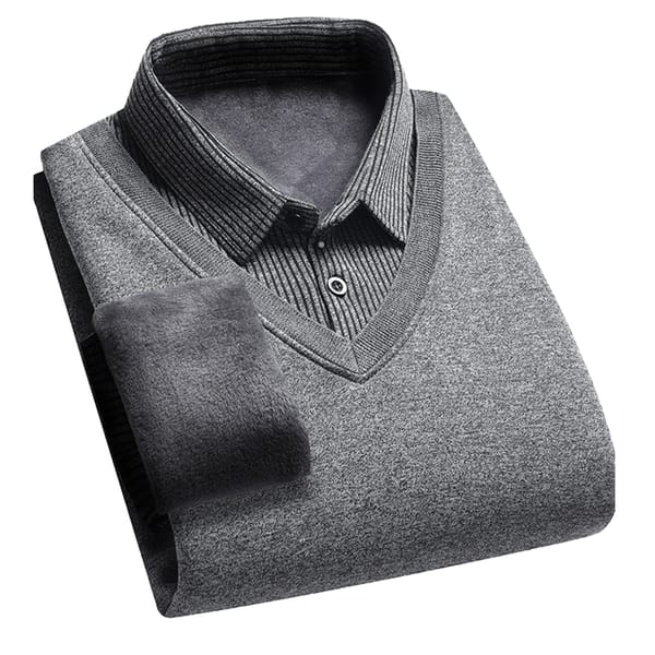 Fashion Men's Winter Sweaters Fake Two-piece Shirts Collar Pullovers Warm Solid Color Fleece Lined Casual Sweater Coats Clothing