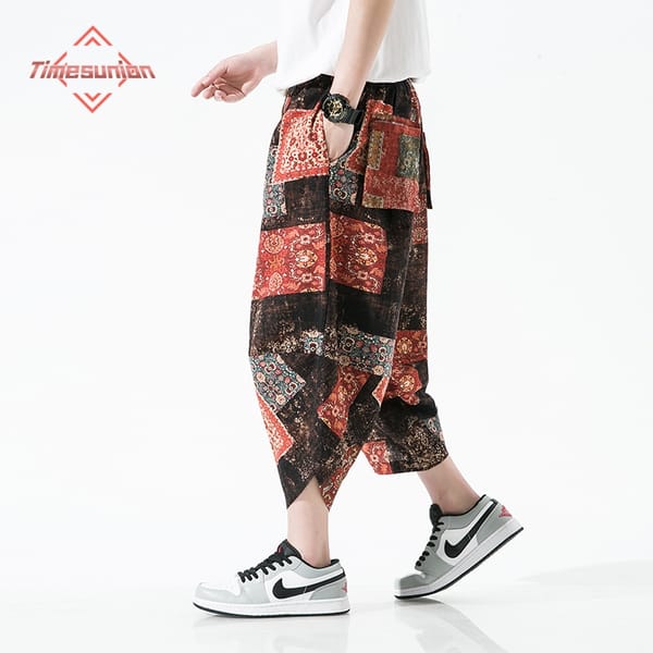 Summer Harajuku Calf-length Pants Casual Men's Pants Wide Leg Cotton Linen Printing Harem Baggy Pants Fashion Men's Clothing