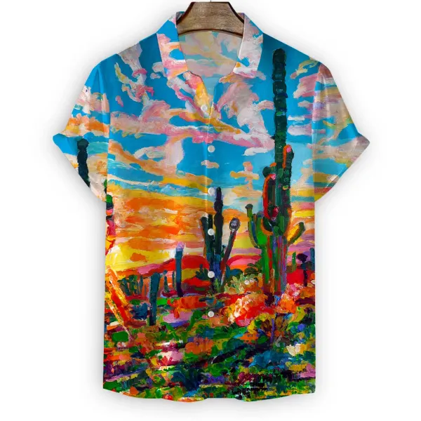Oil Painting  cactus Hawaiian  Shirts  Hot  Print  Shirts  Men's  Fashion  Short  Sleeve Loose Harajuku Beach Men  for  shirts